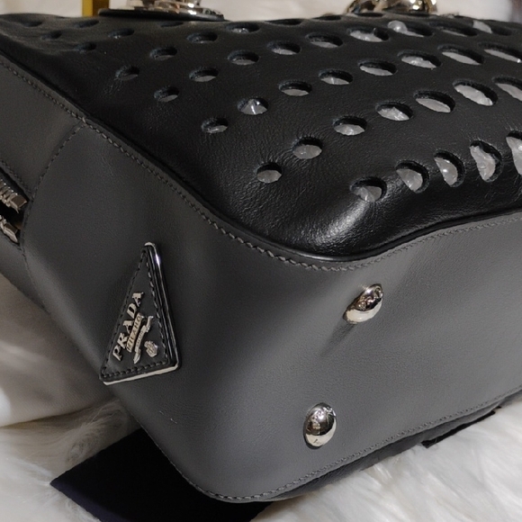 Prada City Fori Black Leather Perforated Chain Shoulder Bag W Pouch/Dust Bag - Picture 5 of 15